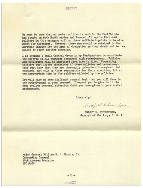 Dwight Eisenhower ''Secret'' Letter Signed From April 1945 -- ''...received a personal letter from General Marshall pointing out his concern in the human problems which will arise in redeployment...''